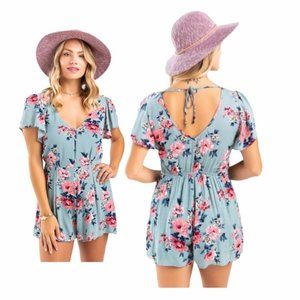 NWT Francesca's Three Pink Hearts Green Floral Romper
